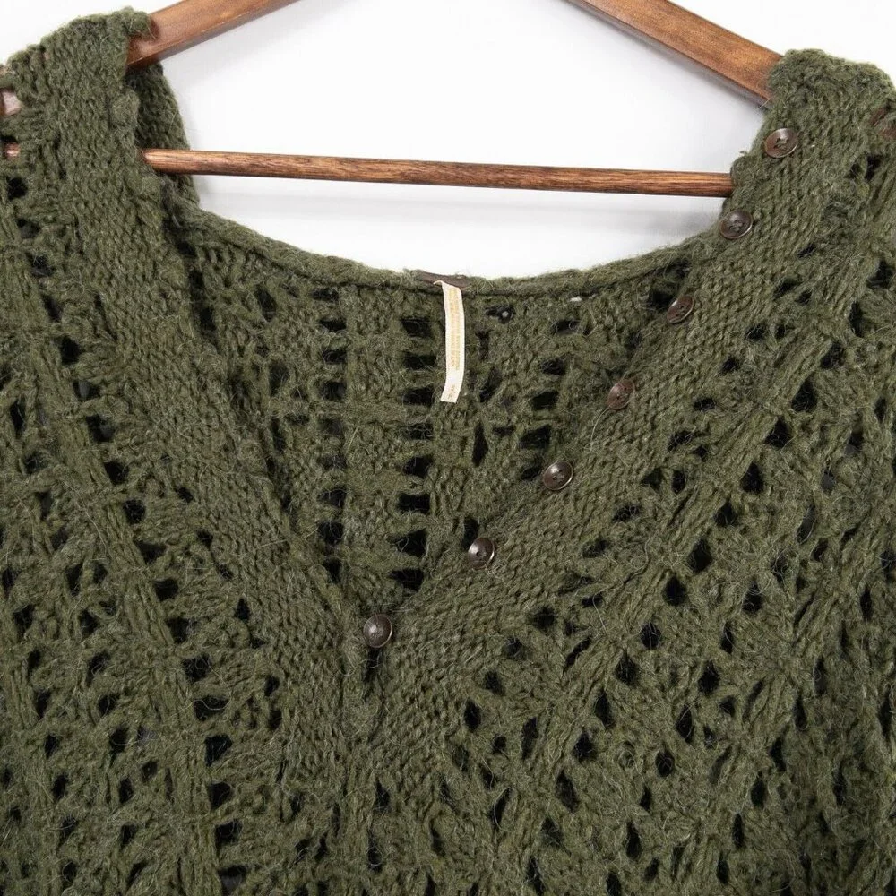 Free People Green Alpaca Mohair Blend Knit Pullover Button Hooded Sweater Small - Picture 3 of 8
